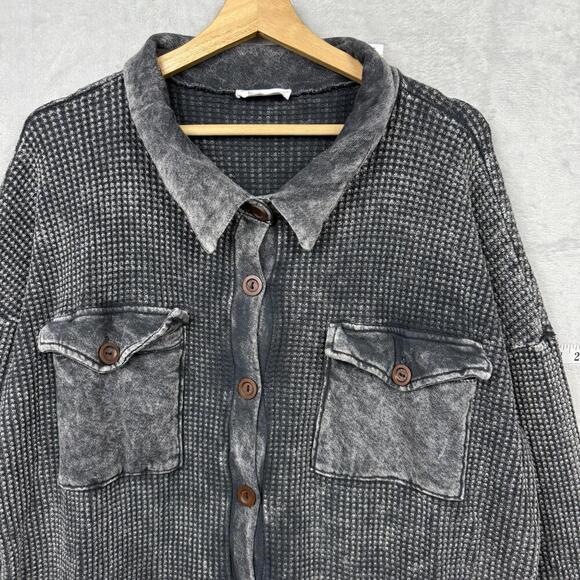 Bucketlist Waffle Knit Button-Up Shirt Black Acid Wash Oversized Size Medium USA - Picture 2 of 8